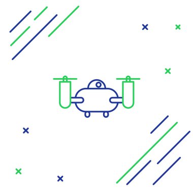 Hat Drone beyaz arka planda izole edilmiş aksiyon video kamera ikonu ile uçuyor. Video ve fotoğraf makinesi sembollü dörtlü helikopter. Renkli taslak konsepti. Vektör