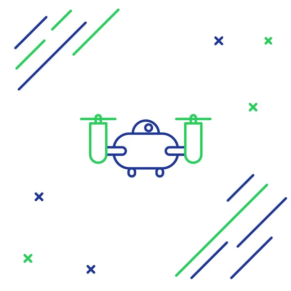 Line Drone vliegen met actie videocamera pictogram geïsoleerd op witte achtergrond. Quadrocopter met video- en fotocamera symbool. Kleurrijk concept. Vector — Stockvector