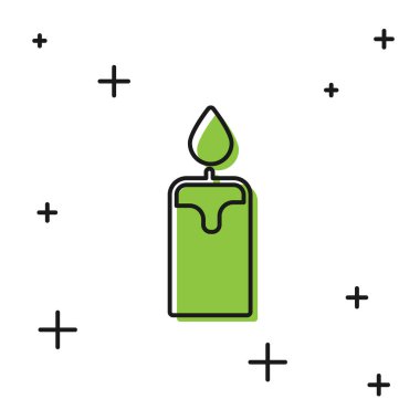 Beyaz arkaplanda siyah yanan mum simgesi izole edildi. Silindirik mum çubuğu ve yanan ateş. Vektör