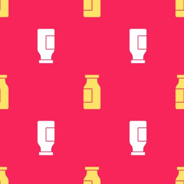 Süt ikonlu sarı kapaklı cam şişe kırmızı arka planda izole edilmiş pürüzsüz desen. Vektör