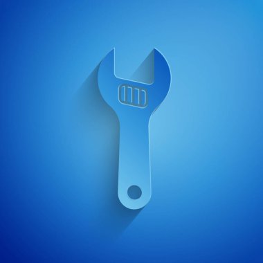 Kağıt kesiği ayarlanabilir anahtar simgesi mavi arkaplanda izole edildi. Kağıt sanatı tarzı. Vektör
