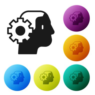 Siyah İnsansı robot simgesi beyaz arkaplanda izole edildi. Yapay zeka, makine öğrenme, bulut hesaplama. Simgeleri renk daire düğmelerine ayarla. Vektör