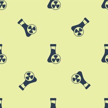 Zehirli sıvı ikona sahip mavi laboratuvar kimyasal deney şişesi sarı arka planda izole edilmiş kusursuz desen. Biyolojik tehlike sembolü. Radyasyon ikonu olan tehlikeli bir sembol. Vektör