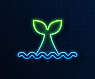 Okyanus dalgası ikonunda parlayan neon hattı Balina kuyruğu mavi arka planda izole edildi. Vektör