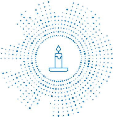 Mavi çizgi, mum yakma simgesi beyaz arkaplanda izole edilmiş. Silindirik mum çubuğu ve yanan ateş. Soyut çember rastgele noktalar. Vektör