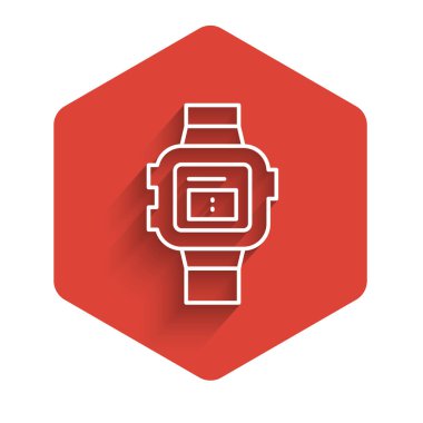 Beyaz çizgi bilek saat ikonu uzun gölgeli izole. Kol saati simgesi. Kırmızı altıgen düğmesi. Vektör