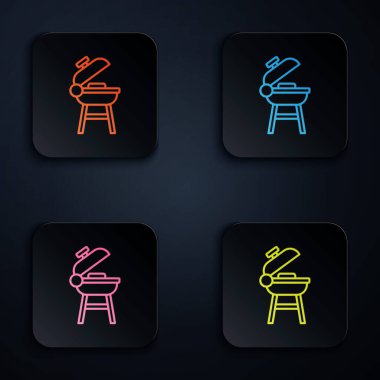 Renkli neon hattı barbekü ızgara simgesi siyah arkaplanda izole edildi. Barbekü ızgara partisi. Kare düğmelere simgeleri yerleştir. Vektör