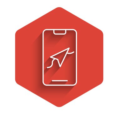 Şehir haritası yön bulma simgesinin beyaz çizgi bilgisi uzun gölge arkaplanı ile izole edildi. Mobil Uygulama Arayüzü tasarımı. Coğrafi konsept. Kırmızı altıgen düğmesi. Vektör