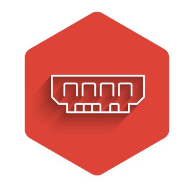 Beyaz çizgi RAM, uzun gölge arkaplan izole edilmiş rastgele erişim bellek simgesi. Kırmızı altıgen düğmesi. Vektör