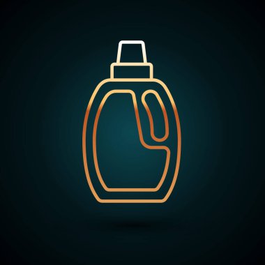 Altın çizgili plastik şişe çamaşır deterjanı, çamaşır suyu, bulaşık deterjanı ya da koyu mavi arka planda izole edilmiş başka bir temizlik maddesi. Vektör