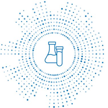 Mavi çizgi test tüpü ve beyaz arka planda izole edilmiş kimyasal test ikonu. Laboratuvar cam levhası. Soyut çember rastgele noktalar. Vektör