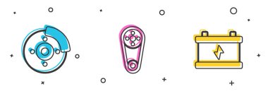 Araba fren diskini kalibre, zaman ayarlı kemer kiti ve pil simgesi ile ayarla. Vektör