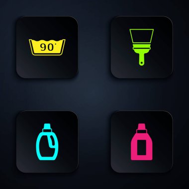 Şişe temizleyiciyi, ısı temizleyiciyi ve lastik temizleyiciyi ayarla. Siyah kare düğme. Vektör