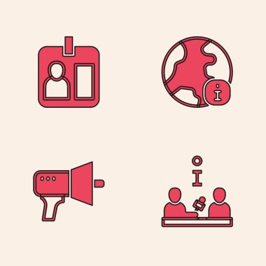 Görüşmeyi ayarla, gazeteci kimliği, dünya haberleri ve megafon simgesi. Vektör