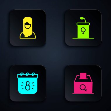 Kadın oyları doğru, tesettürlü Müslüman kadın, 8 Mart takvimi ve münazara kürsüsü kürsüsü. Siyah kare düğme. Vektör