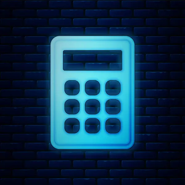 Ragyogó neon kalkulátor ikon elszigetelt téglafal háttér. Könyvelési szimbólum. Üzleti számítások matematika oktatás és pénzügy. Vektor — Stock Vector