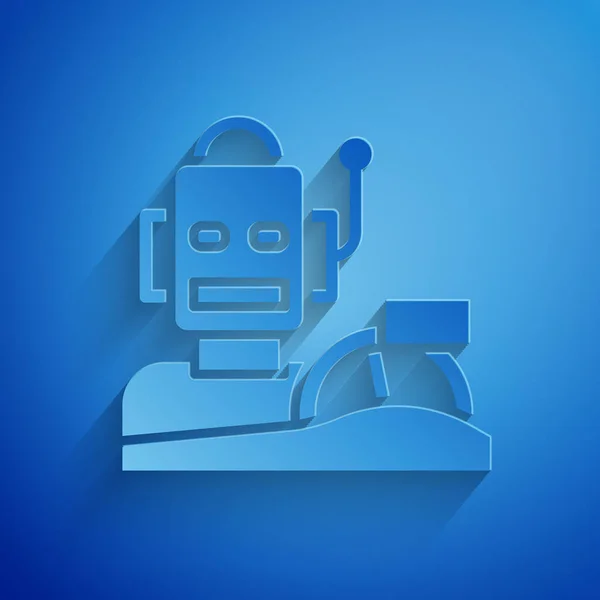 Robot humanoide de corte de papel conduciendo un icono de coche aislado sobre fondo azul. Inteligencia artificial, aprendizaje automático, computación en nube. Estilo de arte de papel. Vector — Vector de stock