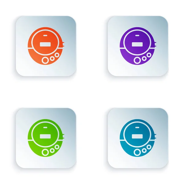 Färg musik CD-spelare ikon isolerad på vit bakgrund. Bärbar musikapparat. Ställ färgglada ikoner i fyrkantiga knappar. Vektor — Stock vektor