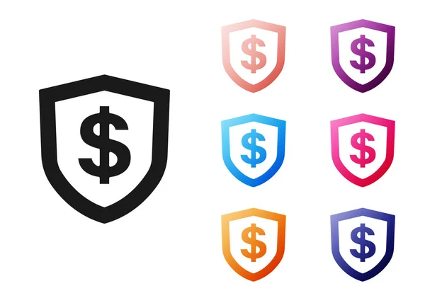 Black Shield s ikonou dolarového symbolu izolované na bílém pozadí. Ochranný štít. Koncept zabezpečení peněz. Nastavit barevné ikony. Vektor — Stockový vektor