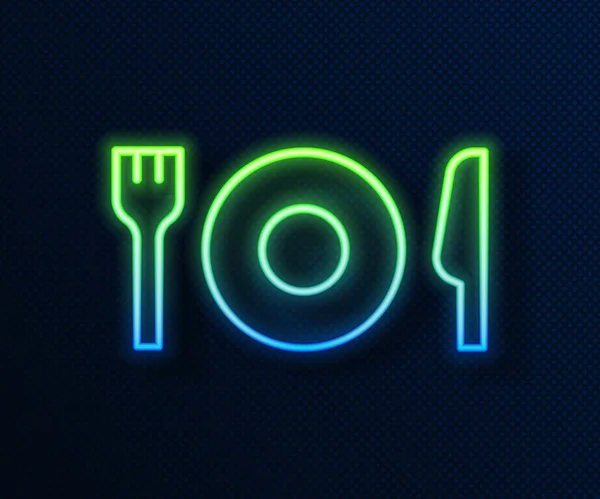 Brillante línea de neón Placa, tenedor y cuchillo icono aislado sobre fondo azul. Símbolo de cubertería. Signo del restaurante. Vector — Vector de stock