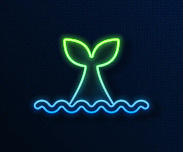 Okyanus dalgası ikonunda parlayan neon hattı Balina kuyruğu mavi arka planda izole edildi. Vektör