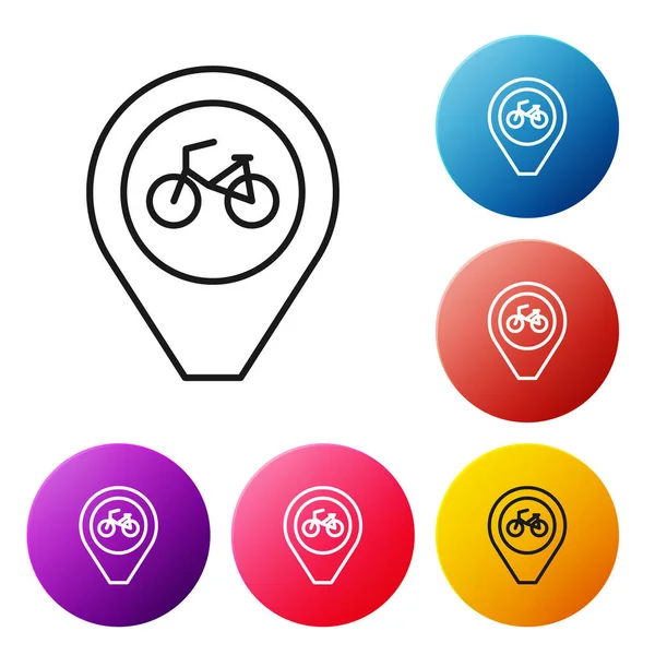 Black line Map pointer with bicycle icon isolated on white background. Set icons colorful circle buttons. Vector — Stock Vector