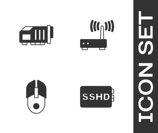 Conjunto de tarjeta SSHD, video gráfico, ratón de ordenador y router y wi-fi icono de la señal. Vector — Archivo Imágenes Vectoriales