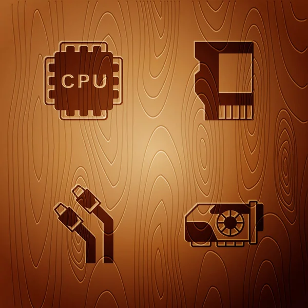Imposta scheda video, processore con CPU, rete via cavo LAN e SD su sfondo di legno. Vettore — Vettoriale Stock