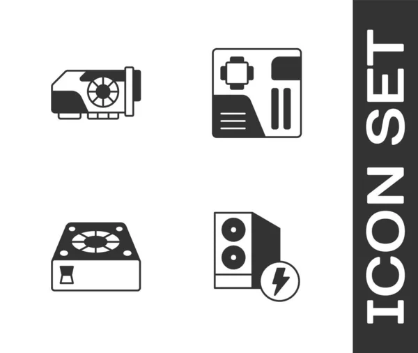 Set Caja de ordenador, Tarjeta gráfica de vídeo, Enfriador de ordenador e icono de chip digital Motherboard. Vector — Archivo Imágenes Vectoriales