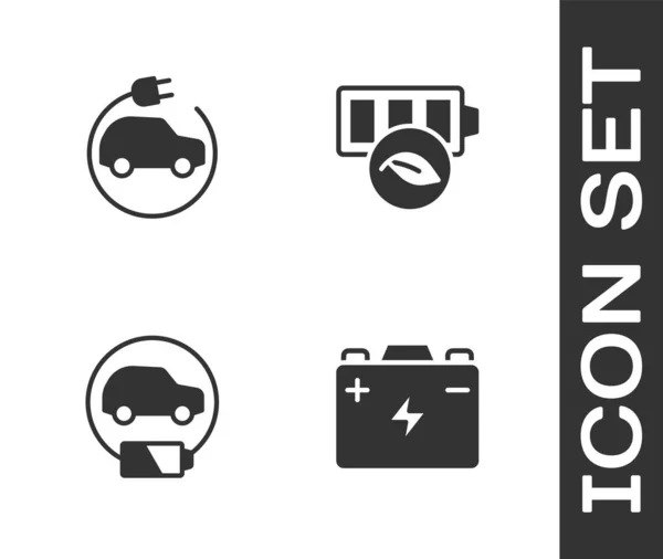 Set Autobatterie, Elektroauto und Eco nature leaf icon. Vektor — Stockvektor