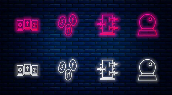 Set line runes magiques, Tronc pour tours de magie, Trois cartes de tarot et balle. Icône lumineuse au néon sur le mur de briques. Vecteur — Image vectorielle