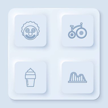 Palyaço kafası, klasik bisiklet, dondurma ve lunapark treni. Beyaz kare düğme. Vektör