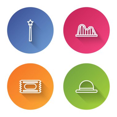 Sihirli değnek, lunapark treni, sirk bileti ve palyaço şapkası. Renkli daire düğmesi. Vektör