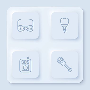 Hat körlüğü, diş implantı, SOS düğmesine ve protez bacağa bas. Beyaz kare düğme. Vektör