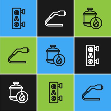 Benzin istasyonu, propan benzin deposu ve elektrik kablosu şarj ikonu ayarlayın. Vektör