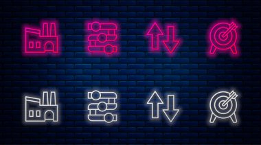 Çizgiyi, grafiği, diyagramı, oku, fabrikayı ve hedefi ayarla. Tuğla duvarda parlayan neon simgesi. Vektör