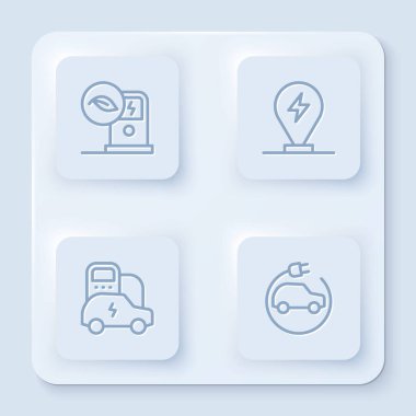 Elektrikli araba şarj istasyonunu ayarla, park yerini elektrikle doldur ve... Beyaz kare düğme. Vektör