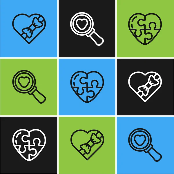 Candy 'yi kalp şeklinde bir kutuya, Kalp ve Arama aşk ikonuna yerleştir. Vektör