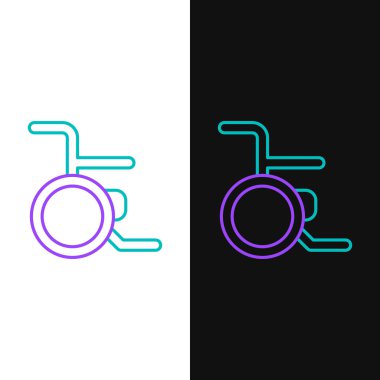 Özürlü kişi simgesi için çizgi tekerlekli sandalye beyaz ve siyah arkaplanda izole edildi. Renkli taslak konsepti. Vektör