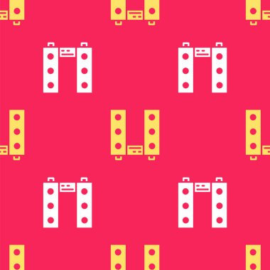 İki hoparlör simgesine sahip sarı ev teybi kırmızı arkaplanda izole edilmiş kusursuz desen. Müzik sistemi. Vektör