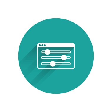 Beyaz Tarayıcı ayarı simgesi uzun gölgeyle izole edildi. Ayarlama, servis, bakım, onarım, onarım. Yeşil daire düğmesi. Vektör