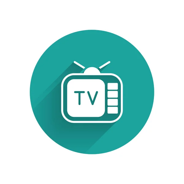 Fehér Retro TV ikon elszigetelt hosszú árnyék. Televíziós jel. Zöld kör gomb. Vektor — Stock Vector