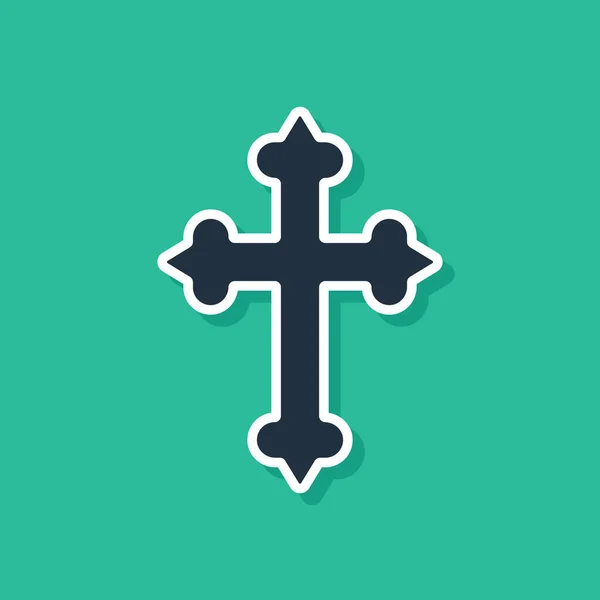 Icono de cruz cristiana azul aislado sobre fondo verde. Cruz de iglesia. Vector — Vector de stock