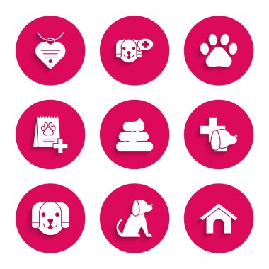 Set Shit, Dog, house, Veterinary clinic symbol, Bag of food for dog, Paw print and Collar with name tag and heart icon. Vector