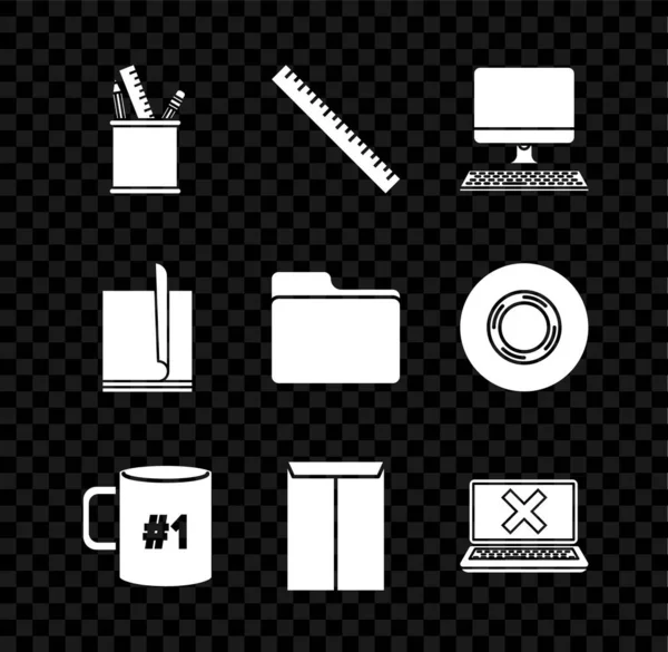 Ställ Pennfodral brevpapper, Härskare, Datorskärm med tangentbord, Kaffe kopp platt, Kuvert, Laptop och kors markera skärmen, Fildokument och dokument mapp ikon. Vektor — Stock vektor