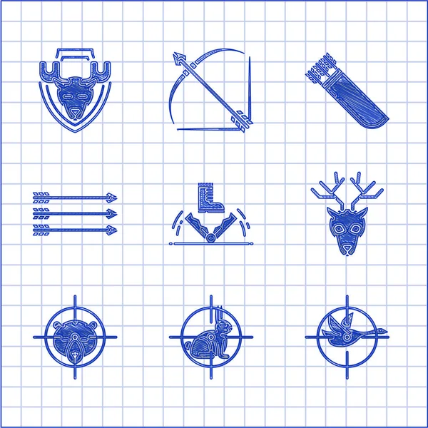 Set Trap hunting, Hunt on rabbit with crosshairs, duck, Deer head antlers, bear, Hipster arrows, Quiver and Moose shield icon. Vector — Stock Vector