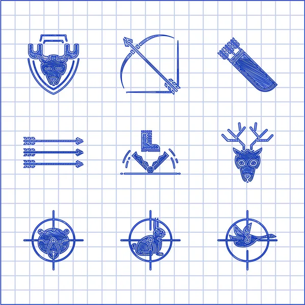 Set Trap Jagd, Jagd auf Kaninchen mit Fadenkreuz, Ente, Hirschkopf Geweih, Bär, Hipster Pfeile, Köcher und Elch Schild Symbol. Vektor — Stockvektor