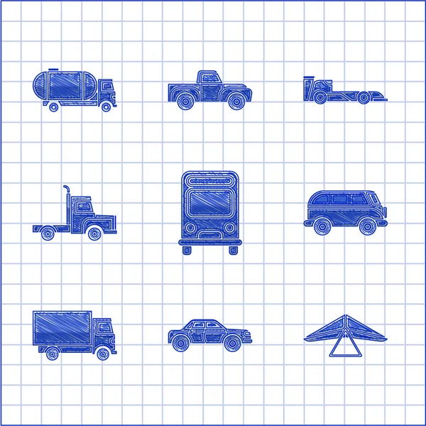 Otobüs, Sedan araba, planör, Retro minivan, teslimat kamyonu, Formula yarışı ve Tanker ikonu. Vektör — Stok Vektör
