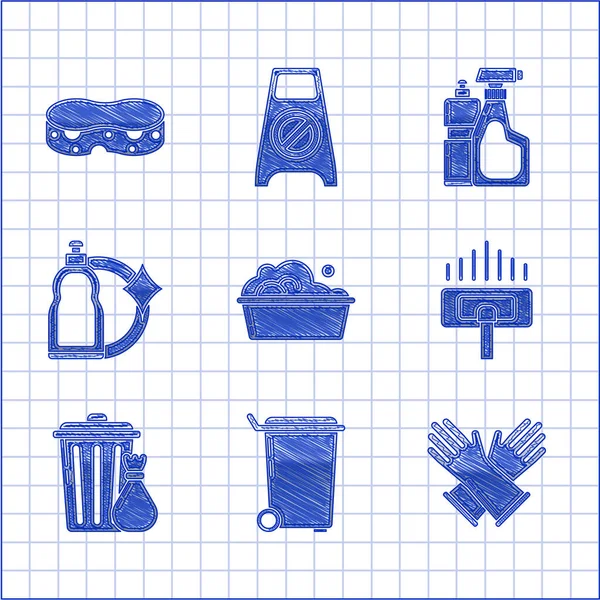 Set Kunststoffbecken mit Seifenlauge, Mülleimer, Gummihandschuhe, Staubsauger und Müllsack, Flaschen für flüssiges Spülmittel und Schwamm-Symbol. Vektor — Stockvektor