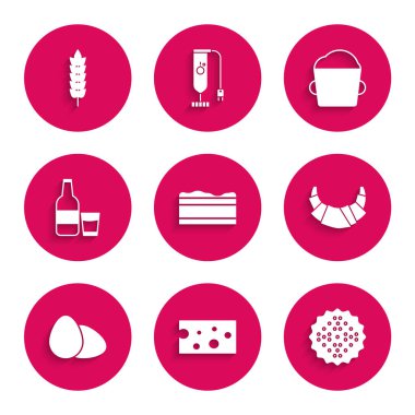 Brownie çikolatalı kek, peynir, kraker bisküvi, kruvasan, tavuk yumurtası, cam şişe süt ve cam, fırın hamuru ve tahıl, buğday, mısır, yulaf, çavdar ikonu. Vektör